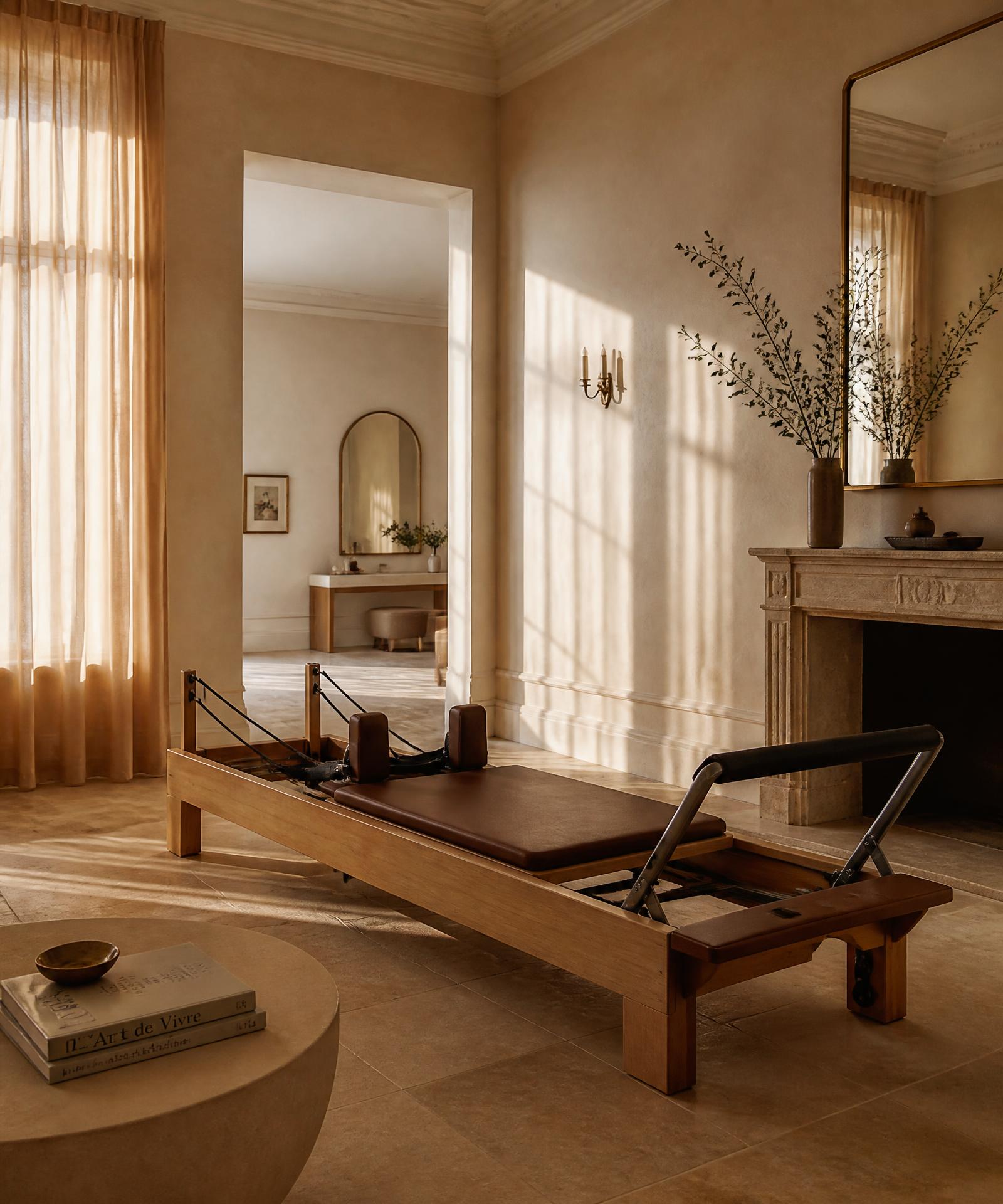 Warm, sunlit Pilates studio with a single reformer